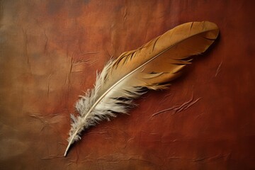 An image capturing the rich, earthy tones and unique banding of a hawk's feather, set against a natural, textured background, symbolizing strength and freedom.