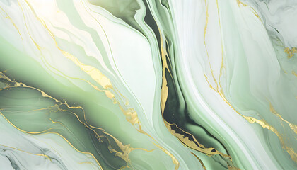 flowy, soft green marble background with gold streaks. Generative Ai.