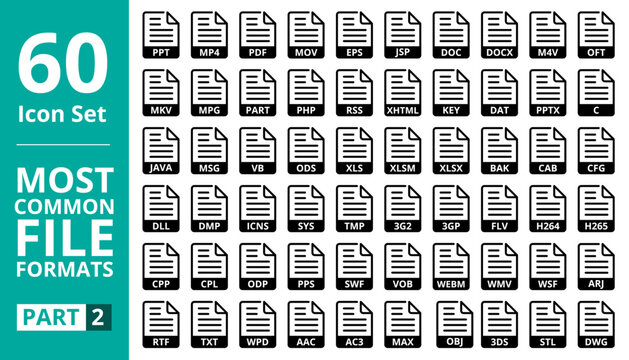 File Format Vector Icon Set. MP4, PDF, PPT, MOV, EPS, DOC, PHP, MKV, MPG, KEY, DLL, ICNS, TMP, WMV, TXT, AAC, OBJ, DWG, DAT, C and Many More.