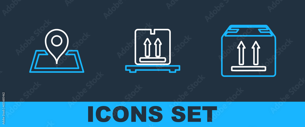 Aufkleber set line cardboard box with traffic, placeholder on map and boxes pallet icon. vector
