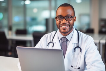 African american doctor smiling while working on computer in his office, successful african american medical practitioner doing research on finding a cure