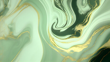 flowy, soft green marble background with gold streaks. Generative Ai.