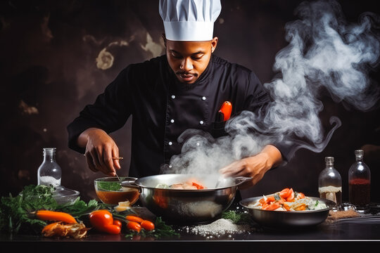 Portrait of african american master chef preparing his precious course menu for restaurant, successful chef cooking for top restaurants
