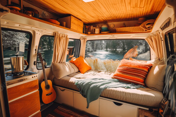 Close up of camper van interior design with beautiful modern esthetic, luxurious life living in a camping van with all essentials