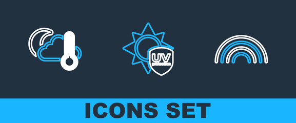 Set line Rainbow, Thermometer and cloud, moon and UV protection icon. Vector