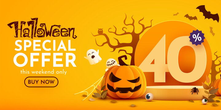 40 percents off. Halloween sale banner template. Podium and numbers with amount of discount. Special October offer.