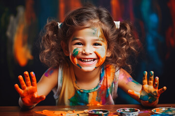 Portrait of young cute girl smiling while playing with water colors and making a mess, child playing while making art, colorful mess
