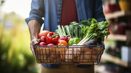 People carry reusable shopping bags while selecting local organic produce at a farmers market.