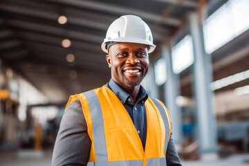 Portrait of a african american skilled construction professional smiling while wearing safety helmet and working vest, supervising work - obrazy, fototapety, plakaty