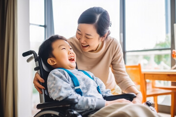 Portrait of beautiful asian mother playing and smiling with her young son on wheelchair, cherishing quality time together, child with disabilities - obrazy, fototapety, plakaty