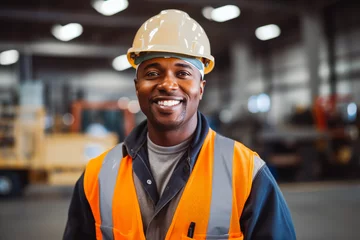 Foto op Plexiglas Portrait of a african american skilled construction professional smiling while wearing safety helmet and working vest, supervising work © VisualProduction