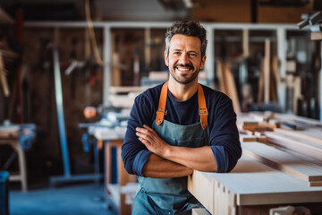 Portrait of handsome smiling wood worker standing in his work shop, handy man in his work environment, craftsman