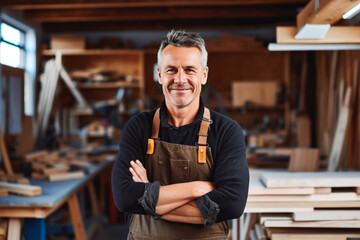 Portrait of handsome smiling wood worker standing in his work shop, handy man in his work environment, craftsman - obrazy, fototapety, plakaty