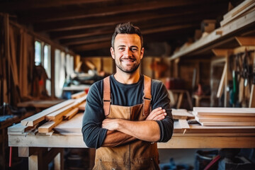 Portrait of handsome smiling wood worker standing in his work shop, handy man in his work environment, craftsman - obrazy, fototapety, plakaty