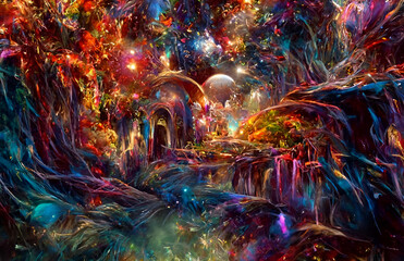 Obraz na płótnie Canvas Colourful abstract background. Concept of Cosmic Energy, divine presence, healing and spiritual jorney. Digital illustration. CG Artwork Background