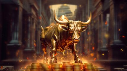 A golden statue of a powerful bull standing on a stack of gold coins. symbol of cryptocurrency growth. For covers, banners and other projects about cryptocurrency trading. - Powered by Adobe