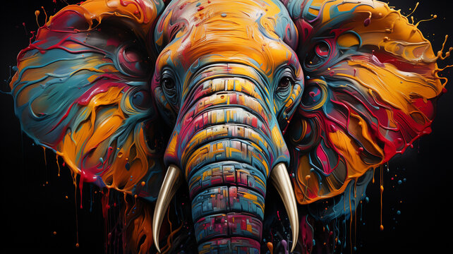 elephant in the art painting with colorful paint splashes