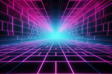 A cyberpunk-inspired wireframe background with a neon grid pattern resembling a digital highway, stretching into the horizon with a vivid pink and cyan color palette.