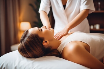 Obraz na płótnie Canvas Beautiful young woman enjoying professional massage at the salon, relaxation treatment for losing the head and neck pain and getting zen time