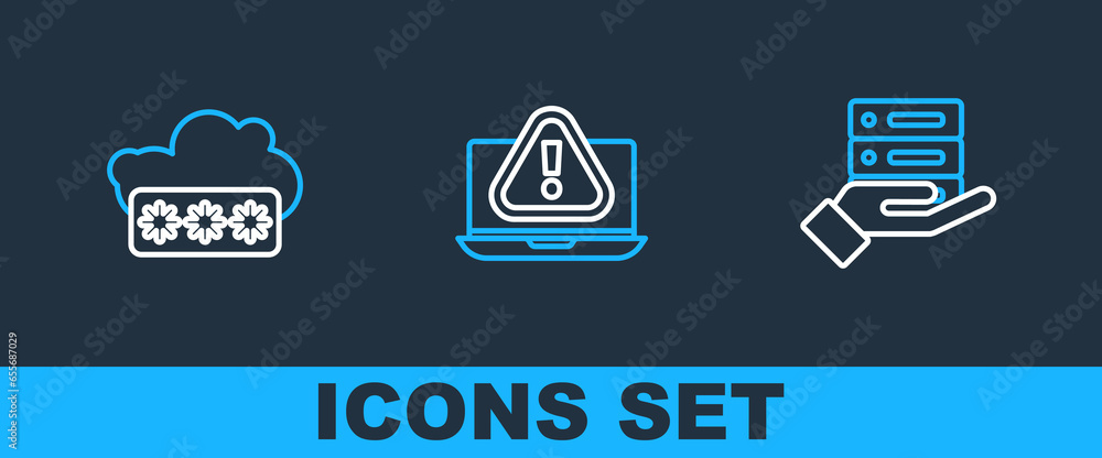 Poster set line server, data, web hosting, password protection and laptop with exclamation mark icon. vecto
