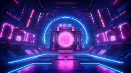 An abstract synthwave background with a glowing wireframe arcade machine at its center, surrounded by geometric shapes and neon patterns reminiscent of the 1980s.