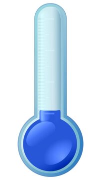 Animation of a thermometer going from a cold temperature to a hot temperature with a liquid changing from blue to red on a green background, a white background and apha channel for transparency