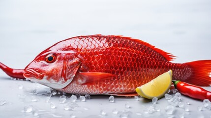 Fresh red sea bass fish with ice and lemon on white background.