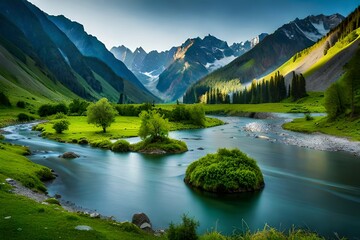 A captivating scene unfolds, featuring a vibrant green valley adorned with a forest and a meandering stream of water.




 - obrazy, fototapety, plakaty