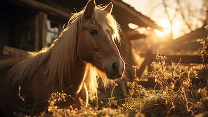 horse in stable at sunset