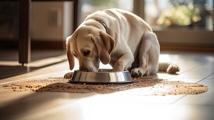 Labrador retriever bends down to eat dog food in dish
