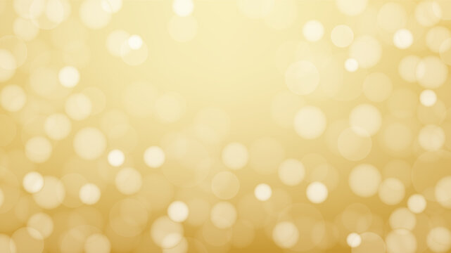 Gold bokeh horizontal background, blurred circle lights on yellow gradient backdrop. Abstract empty monochrome banner, photorealism. Vector picture for stylish holiday design, party invitation.