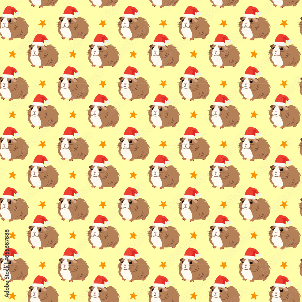 Wall mural Seamless pattern of cute guinea pigs in Santa Claus hats on a yellow background, Christmas and New Year card