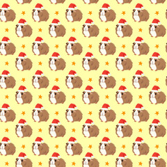 Obraz premium Seamless pattern of cute guinea pigs in Santa Claus hats on a yellow background, Christmas and New Year card