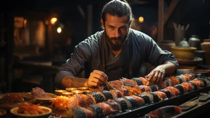Tuinposter a man prepares sushi in a dark room © Aghavni