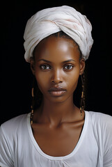 Portrait of a Black woman in a white shawl  with braided hair