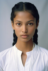 Portrait of a swarthy girl in a white linen blouse with braided hair