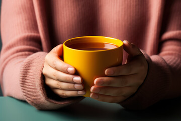 Person sipping hot tea battling autumn flu isolated on a gradient background 