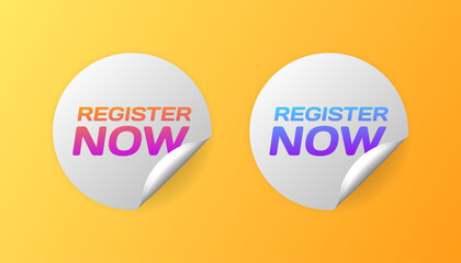Register now stickers. Flat, color, register now, round stickers, register now. Vector icons