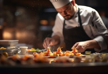 Experienced chef preparing an avant-garde dish at a restaurant