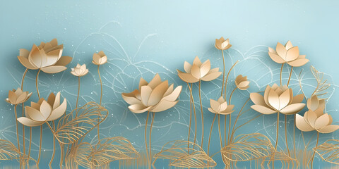 Golden lotus line arts on light blue background luxury gold wallpaper design wedding background