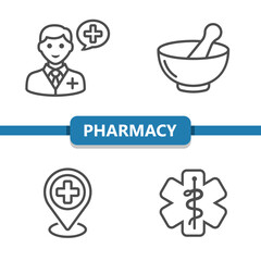 Pharmacy Icons. Pharmacist, Mortar, Pestle, Healthcare Vector Icon