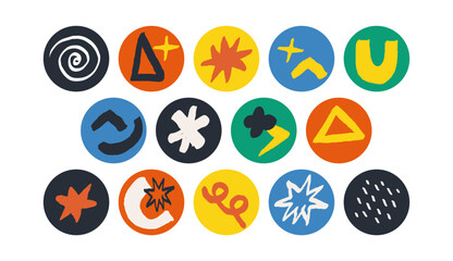 Naive groovy vsticker pack. Brutal contemporary figure star oval arc wave patterns. Swiss design aesthetic. Geometric