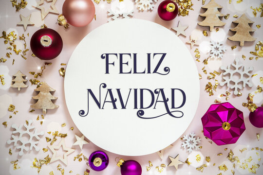Text Feliz Navidad, Means Merry Christmas, Purple Flatlay Christmas Decor