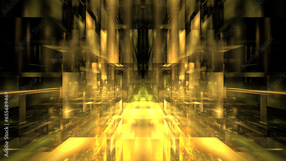 Poster technologies of future, cyberpunk, digital space. data transmission and processing, glowing blocks o
