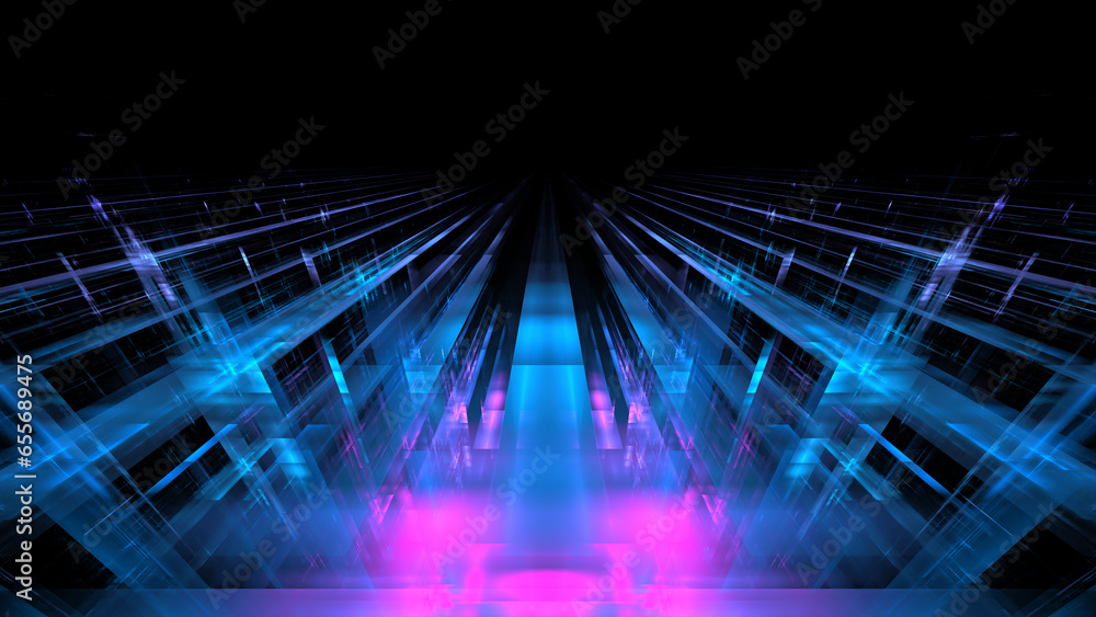 Poster technologies of future, cyberpunk, digital space. data transmission and processing, glowing blocks o