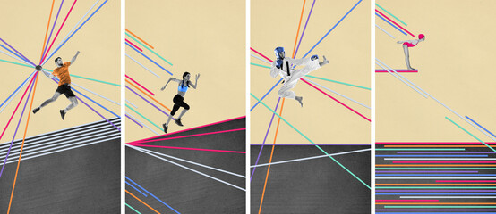 Man and woman, athletes training, doing different sports on pastel background with abstract design...