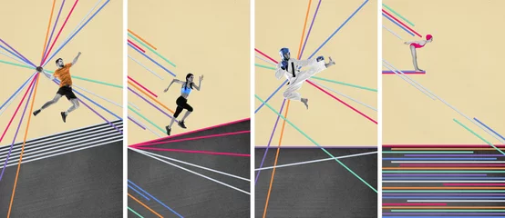 Zelfklevend Fotobehang Man and woman, athletes training, doing different sports on pastel background with abstract design elements. Contemporary art. Concept of professional sport, creativity, active lifestyle. Poster, ad © master1305