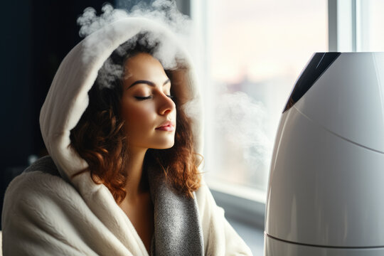 Individual using steam inhalation therapy to ease autumn cold congestion 