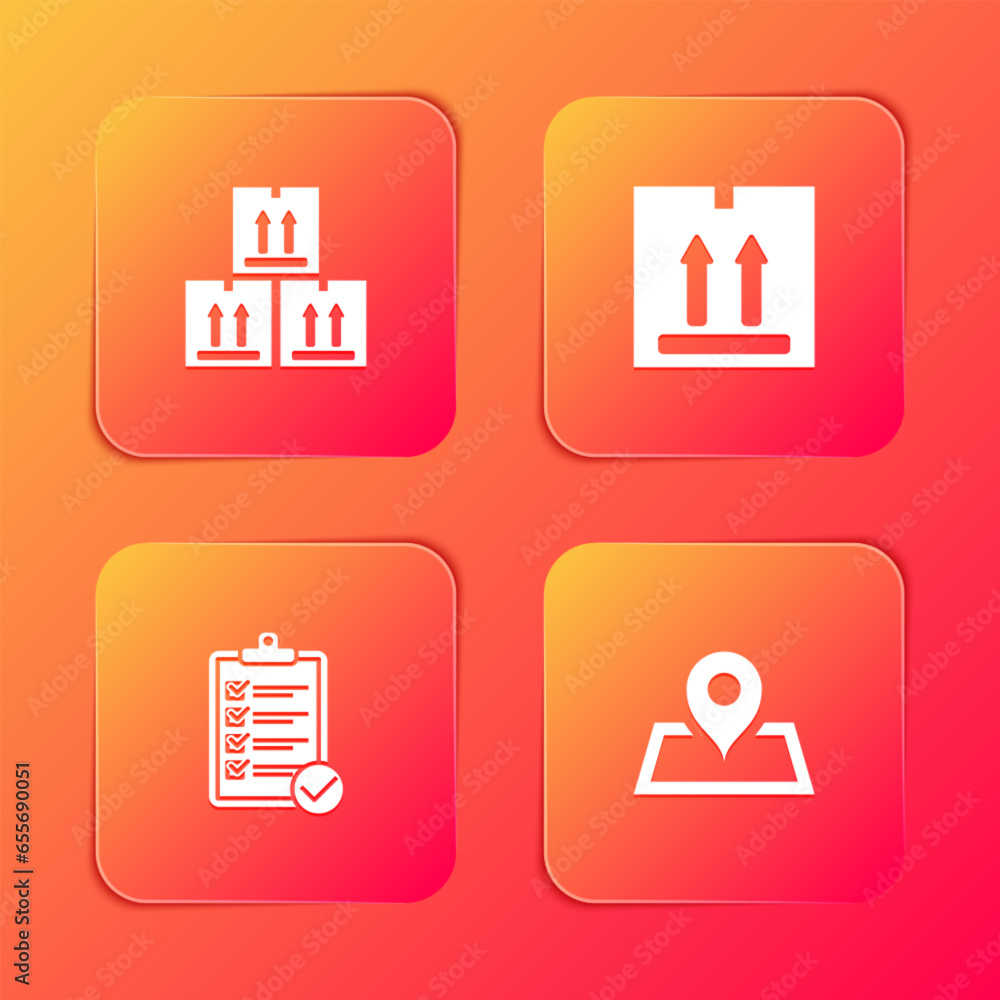 Poster set cardboard box with traffic, , verification of delivery list and placeholder map icon. vector