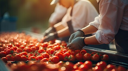 Employees perform quality control of fresh tomatoes at the production site.